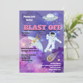 ロケット船の宇宙飛行士ピンクパープルの女の子宇宙 招待状 (スタンド正面)