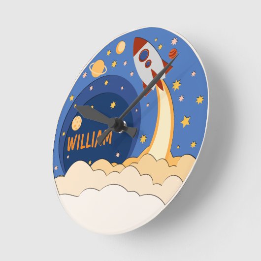 ロケット船イン宇宙可愛パーソナライズされた子供部屋 ラウンド壁時計 (傾斜)