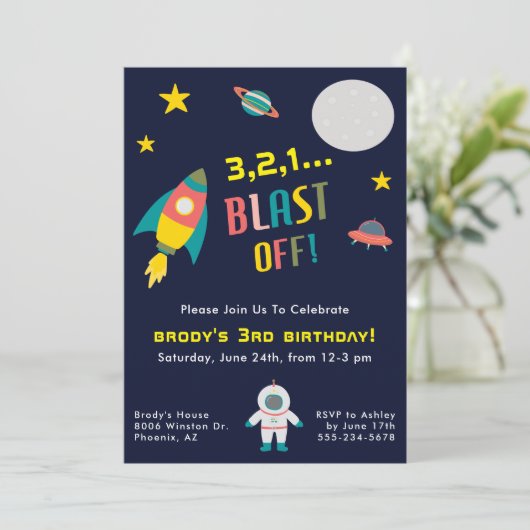 ロケット船宇宙をテーマにした誕生日パーティー 招待状 (スタンド正面)