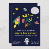 ロケット船宇宙をテーマにした誕生日パーティー 招待状 (正面/裏面)