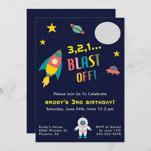 ロケット船宇宙をテーマにした誕生日パーティー 招待状 (正面/裏面)