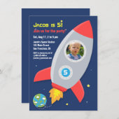 ロケット船宇宙パーティー子供の誕生日写真 招待状 (正面/裏面)