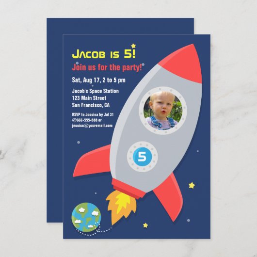 ロケット船宇宙パーティー子供の誕生日写真 招待状 (正面/裏面)