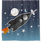 ロケット船宇宙船ブルーとオレンジお洒落色 シャワーカーテン (正面)