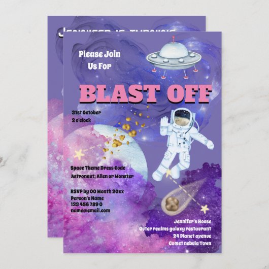 ロケット船宇宙飛行士のピンクパープルガールズ宇宙  招待状 (正面/裏面)