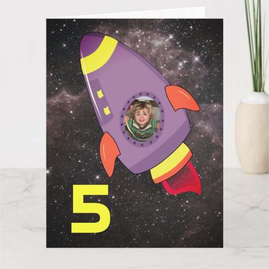 ロケット船少年誕生日カード写真テンプレート カード (正面)