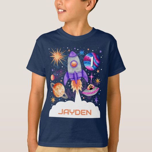 ロケット船惑星UFOと宇宙飛行士宇宙少年 Tシャツ (正面)