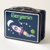 ロケット船漫画イラストレーションの可愛い少年 メタルランチボックス (正面)