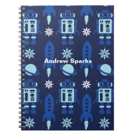 ロケット、ロボット、惑星 スペース ネイビー ノートブック