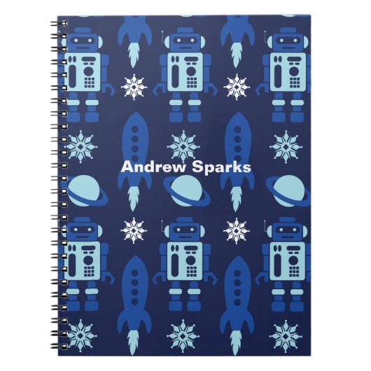 ロケット、ロボット、惑星 スペース ネイビー ノートブック (正面)