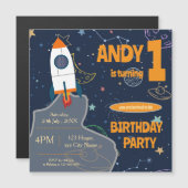 ロケット、惑星は任意の年齢宇宙誕生日 マグネット招待状 (正面/裏面)
