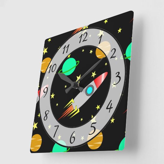 ロケット、星および惑星の銀河系の宇宙 スクエア壁時計 (傾斜)