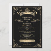 ロココエレガントオーナメントブラック&金ゴールド結婚ズ 招待状 (正面)