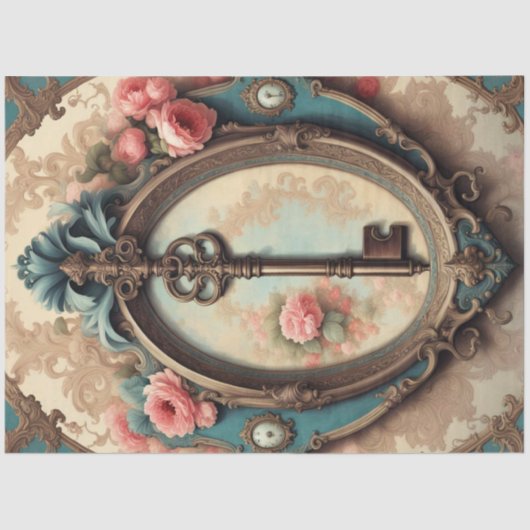 ロココビクトリアン鍵デコページ紙 – ピンクローズ 薄葉紙 (正面)