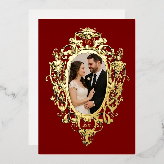 ロココ様式のカルトゥシュ フォトテンプレート 結婚式 箔招待状 (正面/裏面)