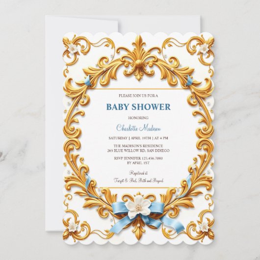 ロココ王室のブルー金ゴールドフローラボーイベビーシャワー 招待状 (正面)