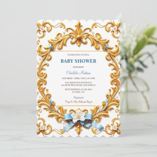 ロココ王室のブルー金ゴールドフローラボーイベビーシャワー 招待状 (スタンド正面)