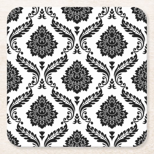 ロココ調のダマスク柄 白地に黒 スクエアペーパーコースター (正面)