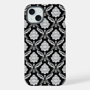 ロココ・ダマスク模様 ブラック地にホワイト iPhone 15 PLUSケース