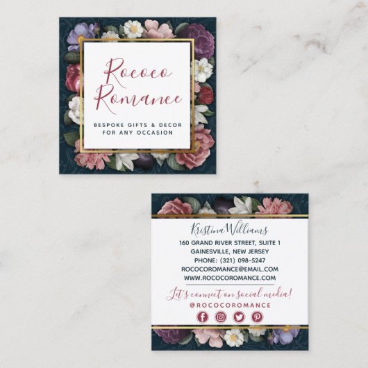 ロコダマスクとフローラエレガントソーシャルメディアのアイコン スクエア名刺 (正面/裏面)