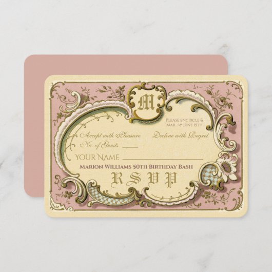 ロコフランスのフレーエレガントムアンティーク金ゴールドピンク 出欠カード (正面/裏面)