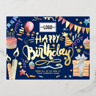 ロゴおもしろいの追加パーティーネイビーブルービジネス誕生日 箔シーズンポストカード