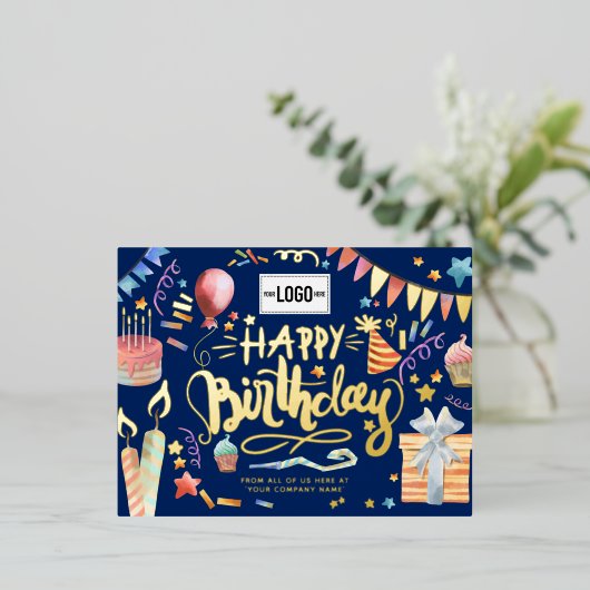 ロゴおもしろいの追加パーティーネイビーブルービジネス誕生日 箔シーズンポストカード (立ち正面)