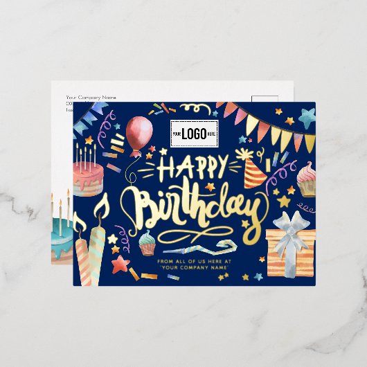 ロゴおもしろいの追加パーティーネイビーブルービジネス誕生日 箔シーズンポストカード (正面/裏面)