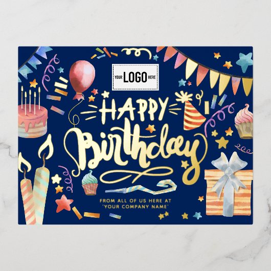 ロゴおもしろいの追加パーティーネイビーブルービジネス誕生日 箔シーズンポストカード (正面)