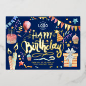 ロゴおもしろいの追加パーティーネイビーブルー企業の誕生日 箔招待状 (正面)
