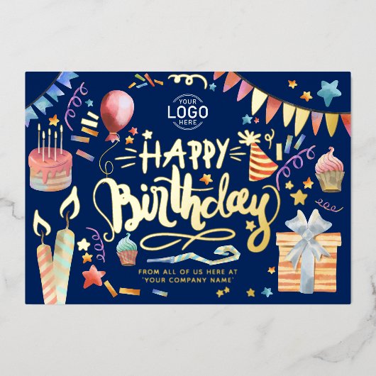 ロゴおもしろいの追加パーティーネイビーブルー企業の誕生日 箔招待状 (正面)