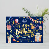 ロゴおもしろいの追加パーティーネイビーブルー企業の誕生日 箔招待状 (立ち正面)