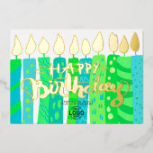 ロゴおもしろいグリーンブルーキャンドルの追加企業の誕生日 箔招待状 (正面)
