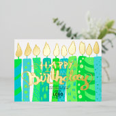 ロゴおもしろいグリーンブルーキャンドルの追加企業の誕生日 箔招待状 (立ち正面)