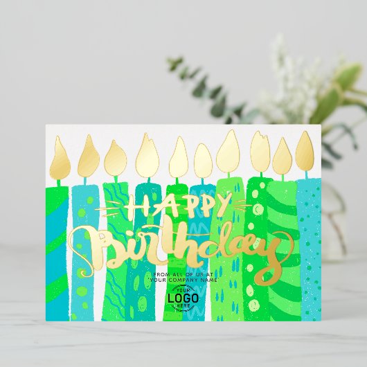 ロゴおもしろいグリーンブルーキャンドルの追加企業の誕生日 箔招待状 (立ち正面)