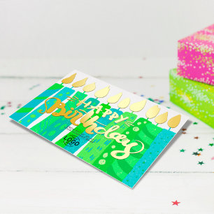 ロゴおもしろいグリーンブルーキャンドルの追加企業の誕生日 箔招待状