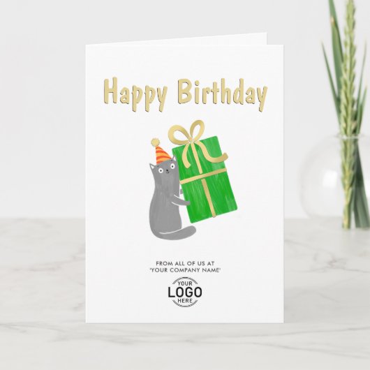 ロゴかわいい猫グリーンギフト事業誕生日 カード (正面)
