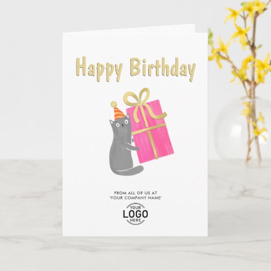 ロゴかわいい猫ビッグピンクギフトビジネス誕生日 カード (黄色い花)