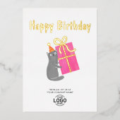 ロゴかわいい猫ビッグピンクギフトビジネス誕生日 箔招待状 (正面)