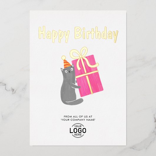 ロゴかわいい猫ビッグピンクギフトビジネス誕生日 箔招待状 (正面)