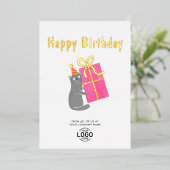 ロゴかわいい猫ビッグピンクギフトビジネス誕生日 箔招待状 (立ち正面)
