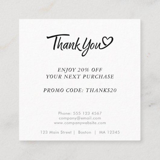 ロゴとカスタム割引コードブラック スクエア名刺 (裏面)