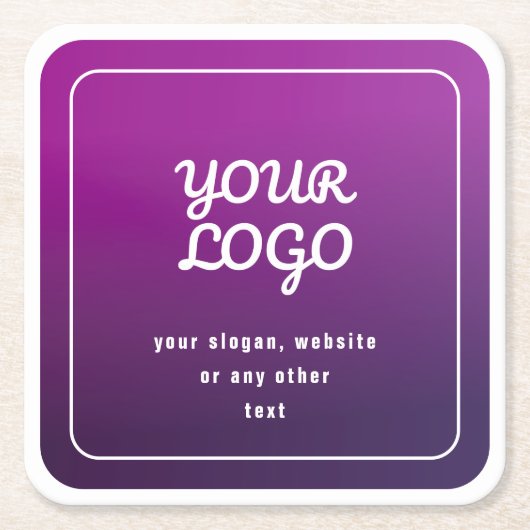 ロゴとスタイリッシュ明るい紫グラデーション スクエアペーパーコースター (正面)
