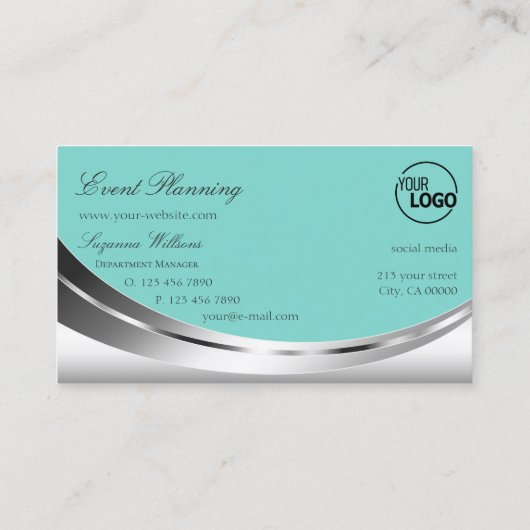 ロゴとスパークルダイヤモンド付きノーブルシルバーティール（緑がかった色） 名刺 (裏面)