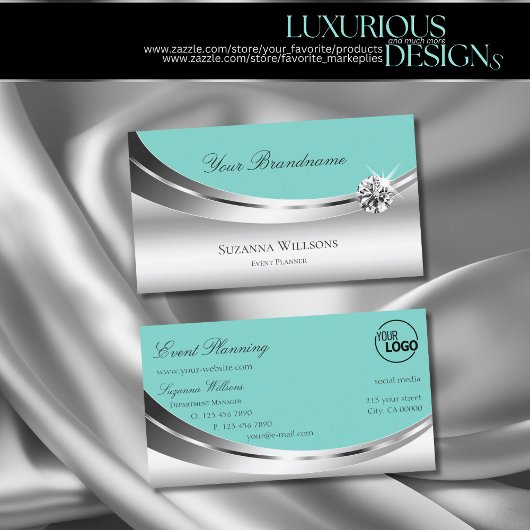 ロゴとスパークルダイヤモンド付きノーブルシルバーティール(緑がかった色) 名刺