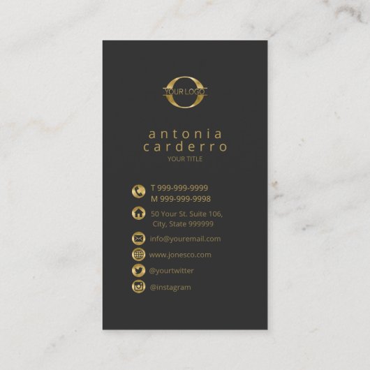 ロゴとソーシャルメディアのアイコン金ゴールド/Bk Vrt ID810 名刺 (裏面)