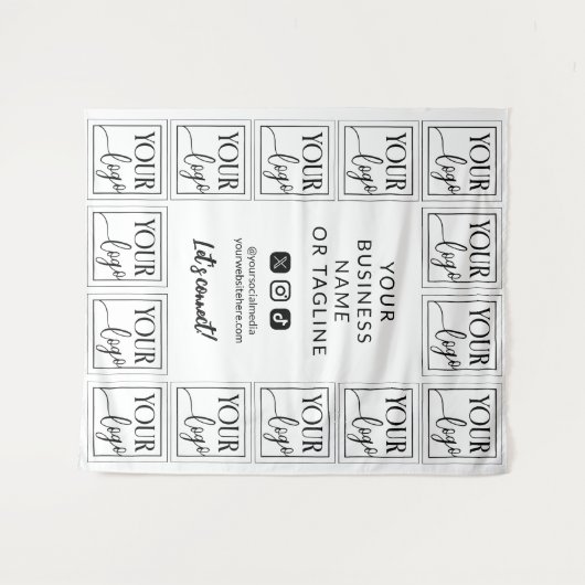 ロゴとソーシャルメディアのビジネス背景を白くする タペストリー (正面(横))