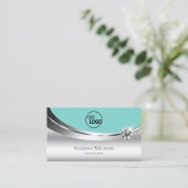 ロゴとダイヤモンドを使用したノーブルシルバーきらめくティール(緑がかった色) 名刺 (スタンド正面)