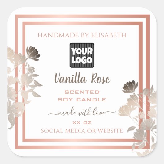 ロゴとバラ金ゴールド枠の付いた白い製品ラベル スクエアシール (正面)