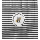 ロゴとビジネス名をグレーで追加しまストライプのす シャワーカーテン (正面)